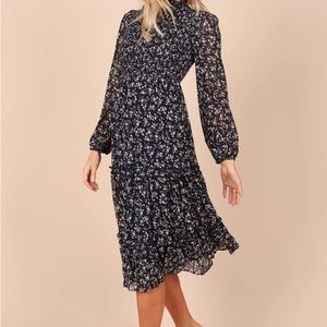 PETAL & PUP EDWINA SHIRRED FRILL LONG SLEEVE MIDI DRESS - NAVY FLORAL